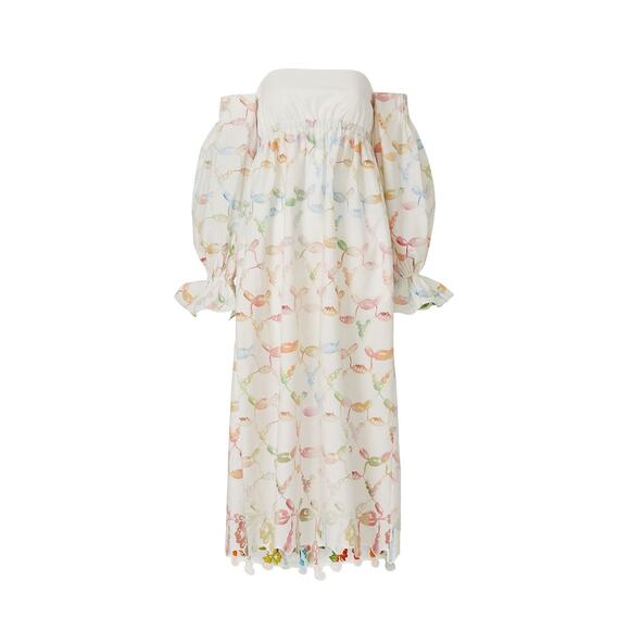 Rosie Assoulin Strapless Babydoll Maxi Dress sz 4 Watercolor Print Bell Sleeves - Picture 5 of 13